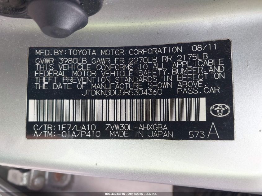 2011 Toyota Prius Four VIN: JTDKN3DU5B5304360 Lot: 43234316