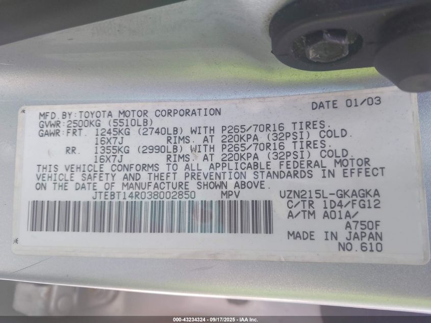 2003 Toyota 4Runner Sr5 V8 VIN: JTEBT14R038002850 Lot: 43234324