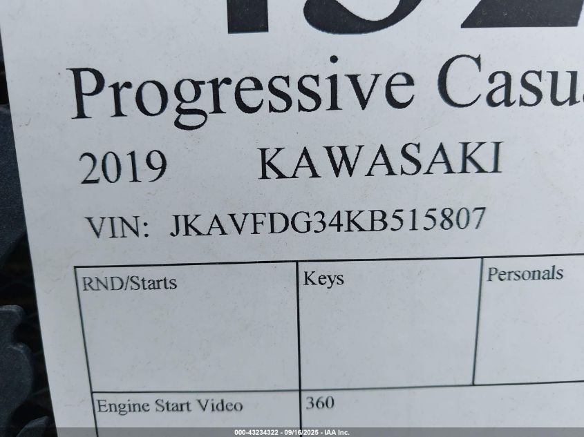 2019 Kawasaki Kvf750 G VIN: JKAVFDG34KB515807 Lot: 43234322