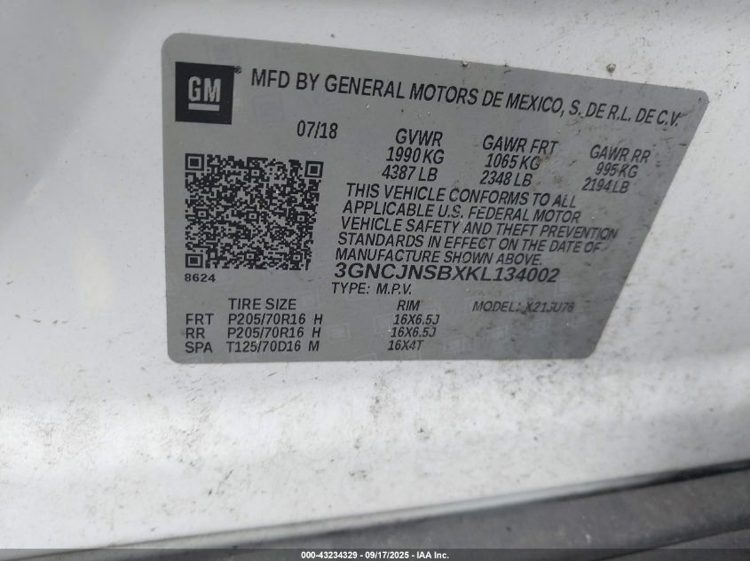 2019 Chevrolet Trax Ls VIN: 3GNCJNSBXKL134002 Lot: 43234329