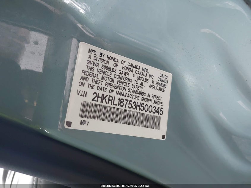 2003 Honda Odyssey Ex-L VIN: 2HKRL18753H500345 Lot: 43234335