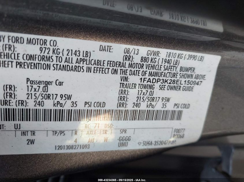 2014 Ford Focus Se VIN: 1FADP3K28EL150947 Lot: 43234365