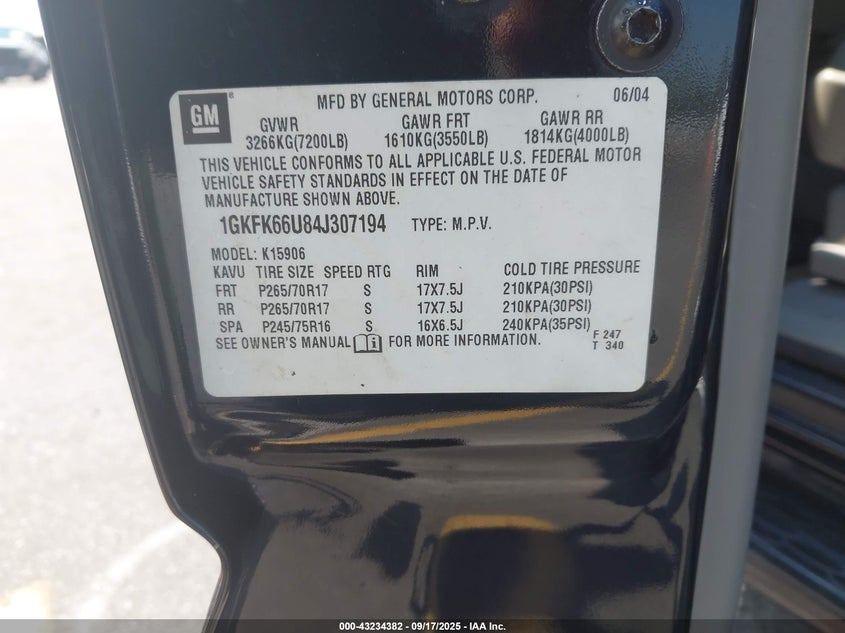 2004 GMC Yukon Xl 1500 Denali VIN: 1GKFK66U84J307194 Lot: 43234382