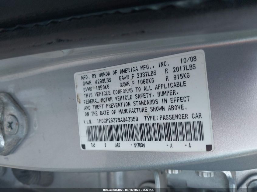2009 Honda Accord 2.4 Lx VIN: 1HGCP26379A043359 Lot: 43234402