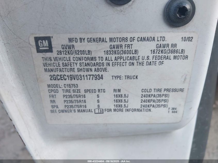 2003 Chevrolet Silverado 1500 VIN: 2GCEC19V031177934 Lot: 43234404