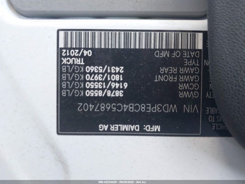 2012 Mercedes-Benz Sprinter 2500 High Roof VIN: WD3PE8CB4C5687402 Lot: 43234429