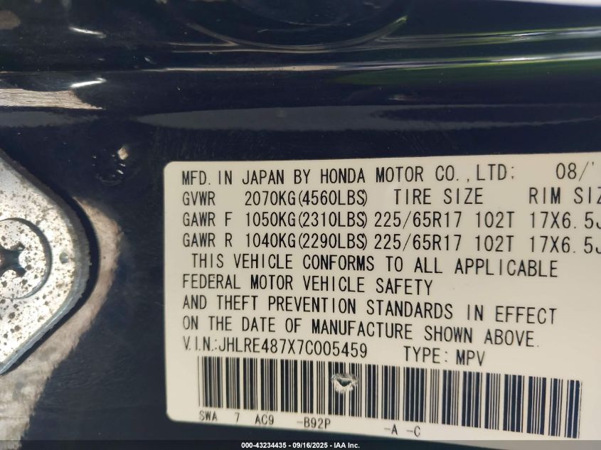 2007 Honda Cr-V Ex-L VIN: JHLRE487X7C005459 Lot: 43234435