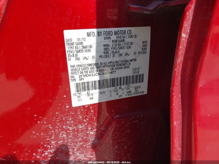 2012 Ford Edge Sel VIN: 2FMDK3JC9CBA79477 Lot: 43234442