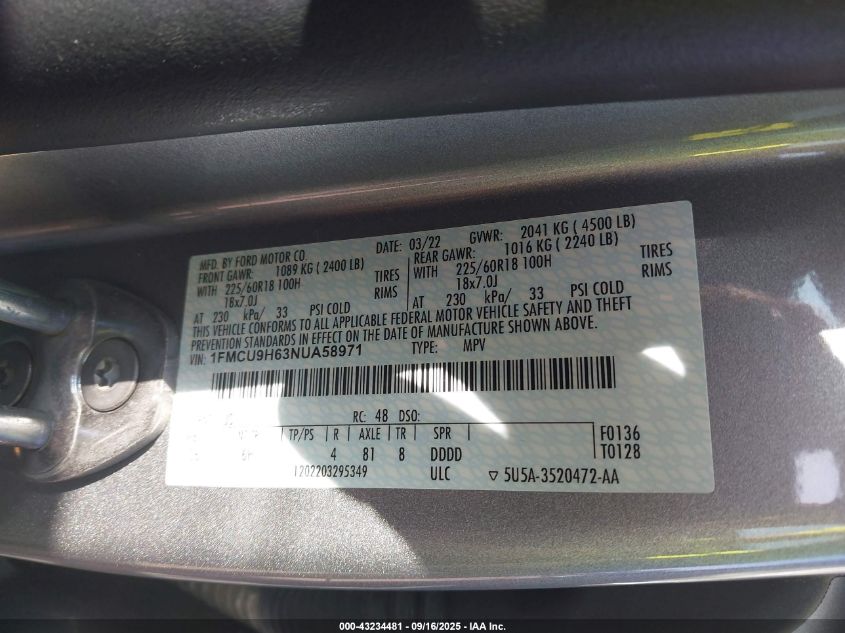 2022 Ford Escape Sel VIN: 1FMCU9H63NUA58971 Lot: 43234481