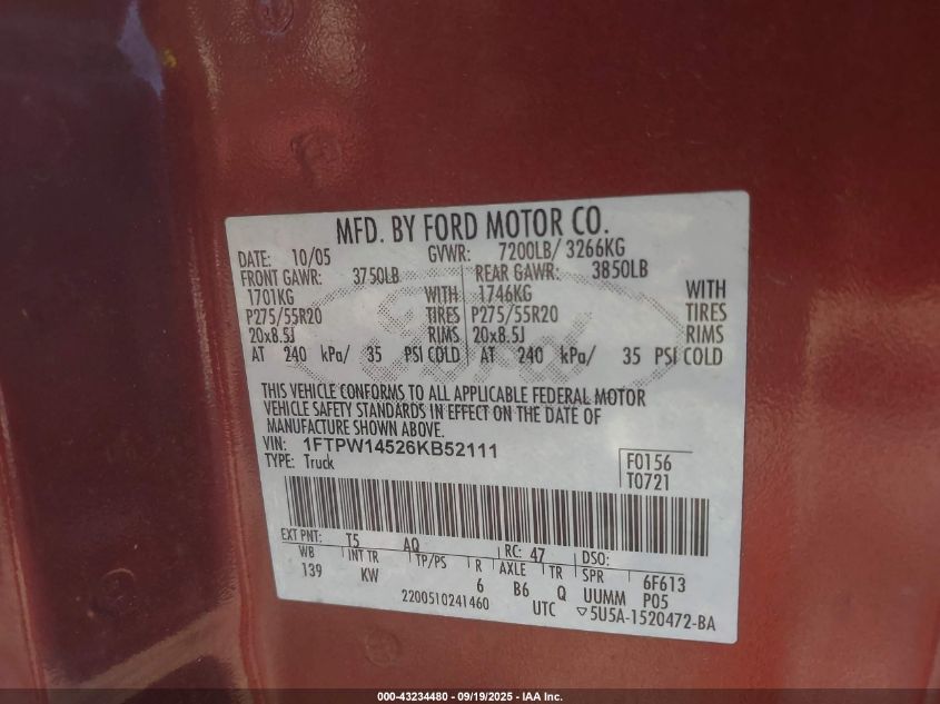 2006 Ford F-150 Fx4/Lariat/Xlt VIN: 1FTPW14526KB52111 Lot: 43234480