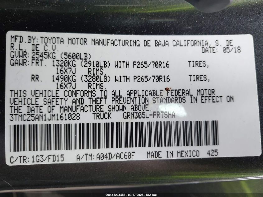 2018 Toyota Tacoma Trd Off Road VIN: 3TMCZ5AN1JM161028 Lot: 43234486