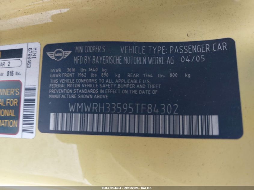 2005 Mini Cooper S VIN: WMWRH33595TF84302 Lot: 43234494