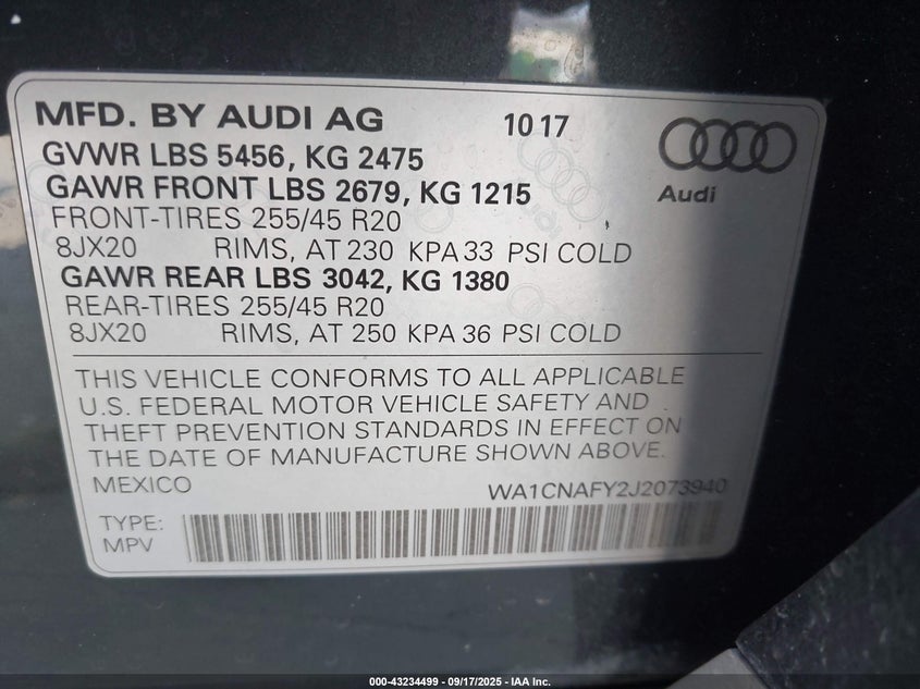 2018 Audi Q5 2.0T Premium/2.0T Tech Premium VIN: WA1CNAFY2J2073940 Lot: 43234499