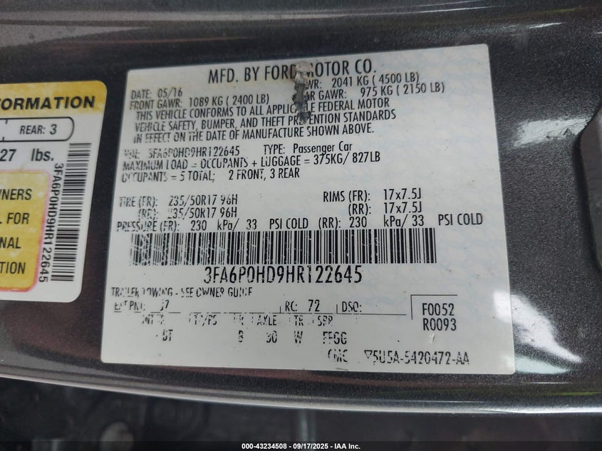 2017 FORD FUSION SE 3FA6P0HD9HR122645