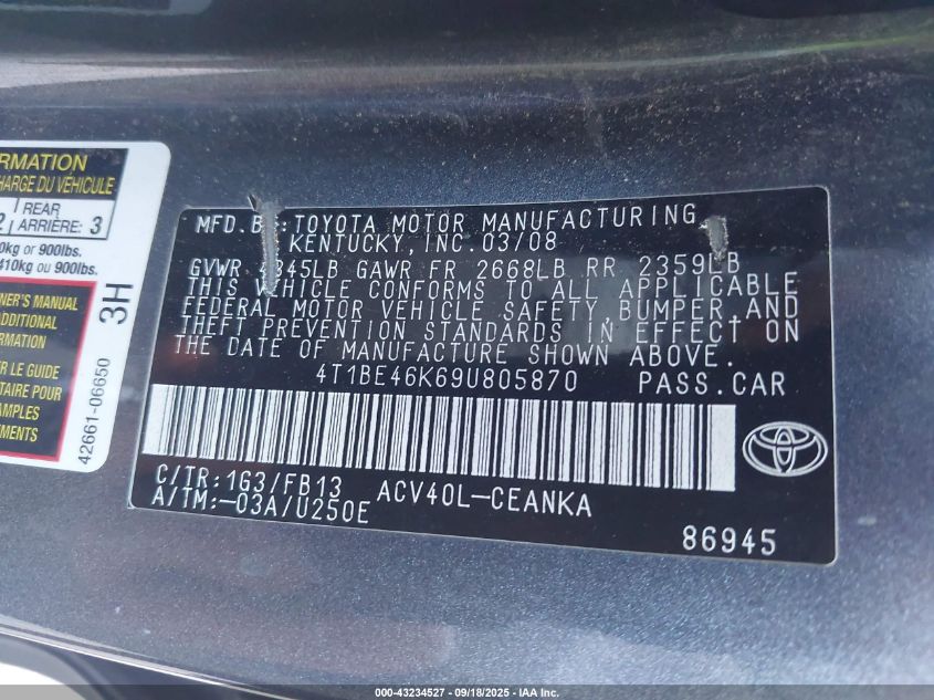 2009 Toyota Camry Le VIN: 4T1BE46K69U805870 Lot: 43234527