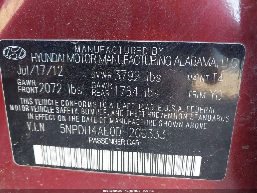 2013 Hyundai Elantra Gls VIN: 5NPDH4AE0DH200333 Lot: 43234529