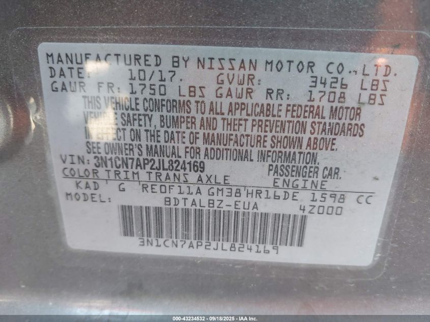 2018 Nissan Versa 1.6 Sv VIN: 3N1CN7AP2JL824169 Lot: 43234532