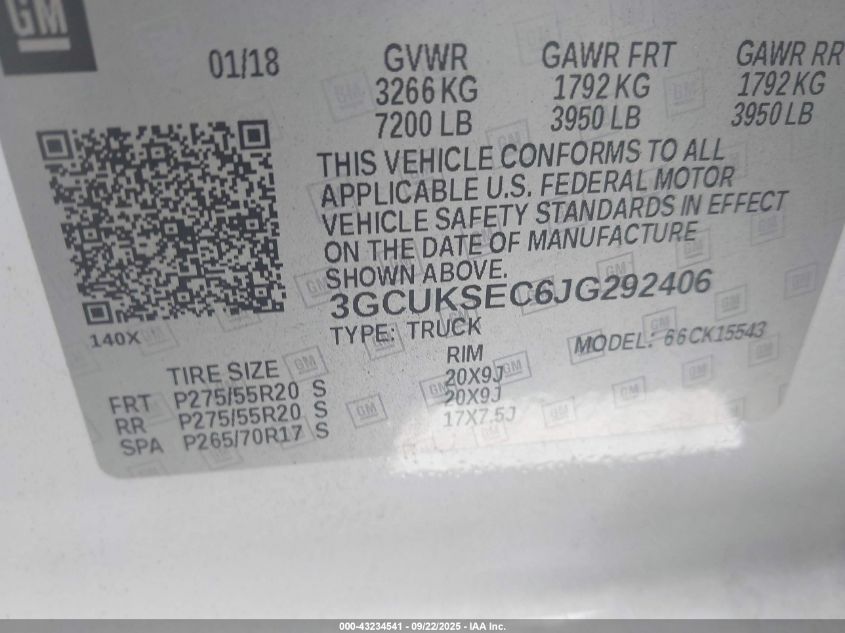 2018 Chevrolet Silverado 1500 1Lz VIN: 3GCUKSEC6JG292406 Lot: 43234541