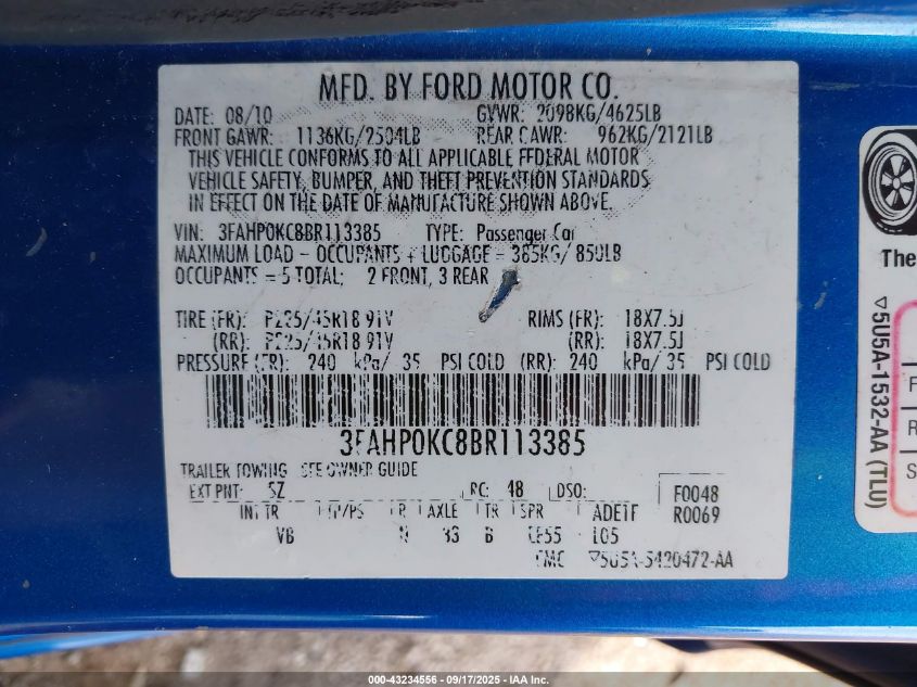 2011 Ford Fusion Sport VIN: 3FAHP0KC8BR113385 Lot: 43234556