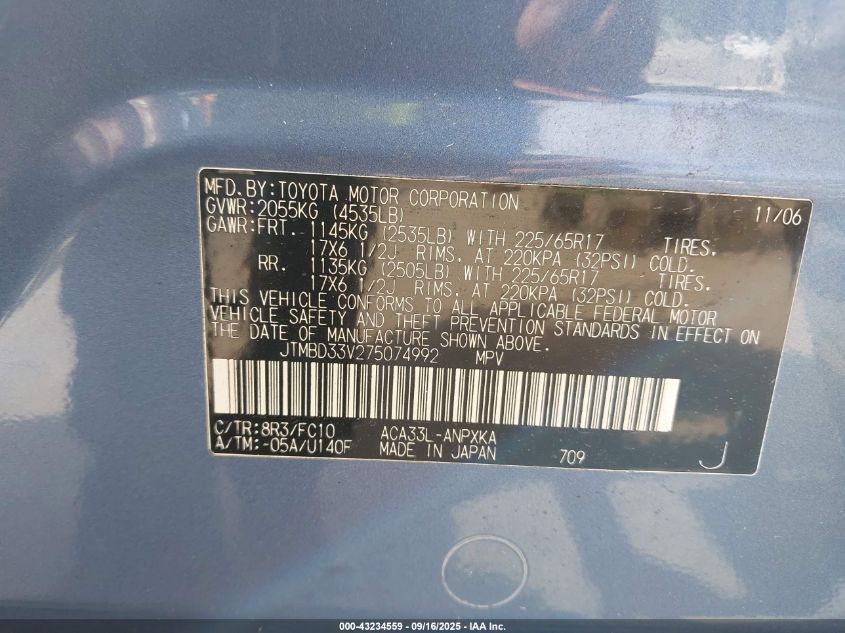 2007 Toyota Rav4 VIN: JTMBD33V275074992 Lot: 43234559