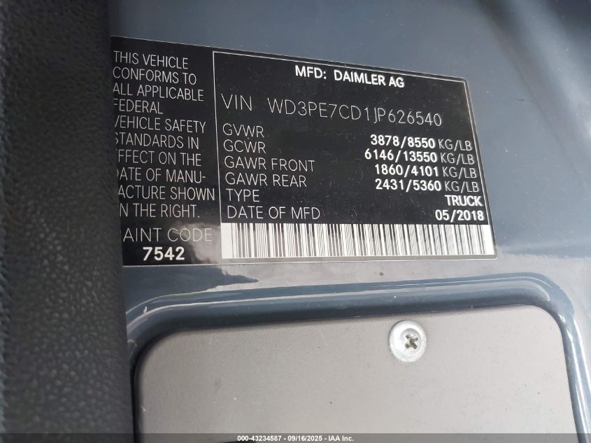 2018 Mercedes-Benz Sprinter 2500 Standard Roof V6 VIN: WD3PE7CD1JP626540 Lot: 43234587