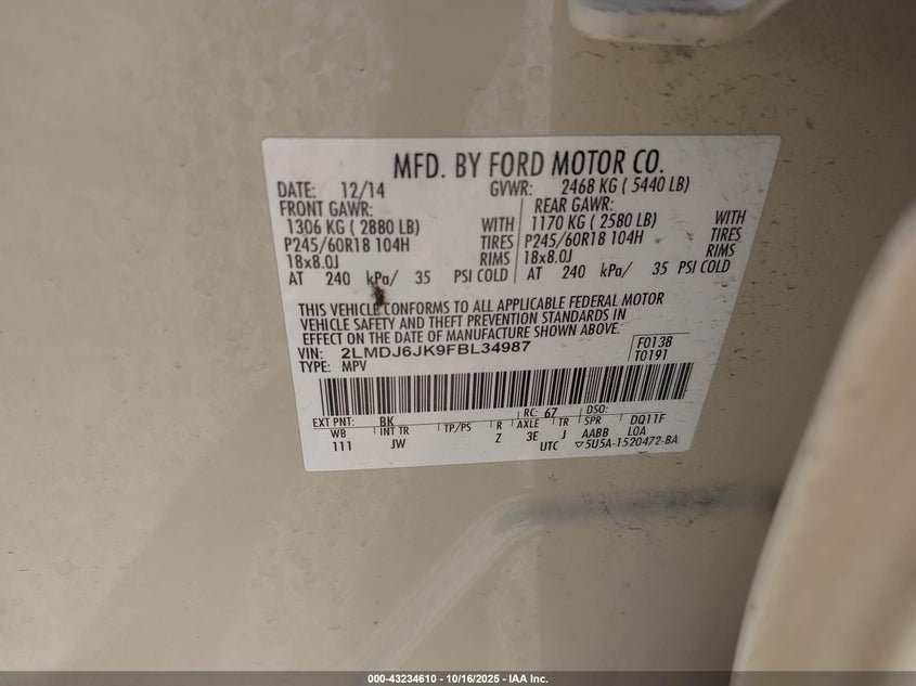 2015 Lincoln Mkx VIN: 2LMDJ6JK9FBL34987 Lot: 43234610