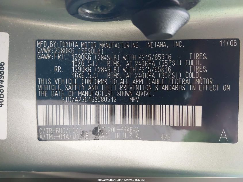 2006 Toyota Sienna Le VIN: 5TDZA23C46S580512 Lot: 43234621