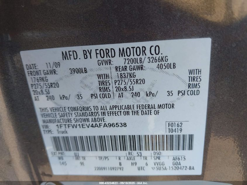 2010 Ford F-150 Platinum VIN: 1FTFW1EV4AFA96538 Lot: 43234623