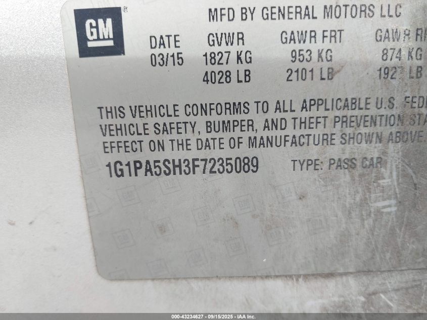 2015 Chevrolet Cruze Ls Auto VIN: 1G1PA5SH3F7235089 Lot: 43234627