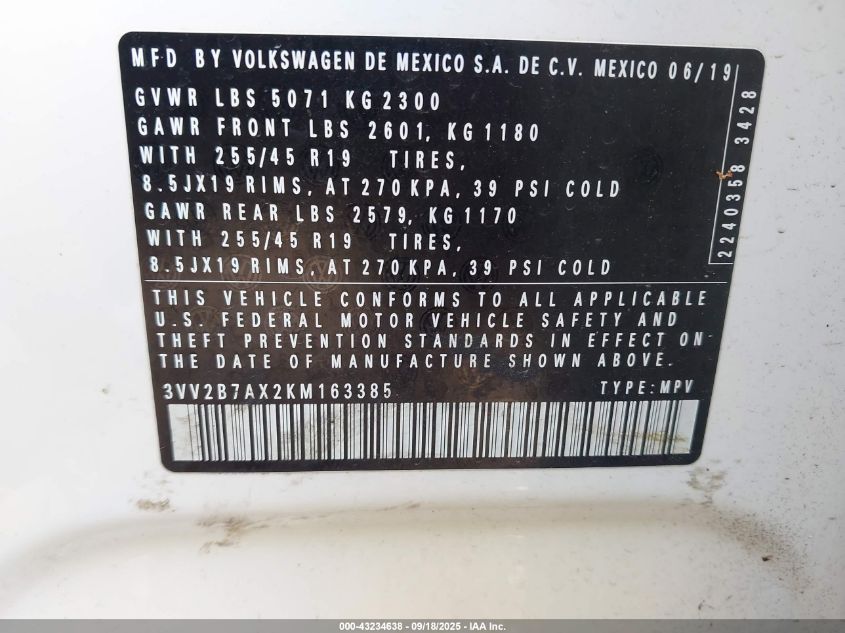 2019 Volkswagen Tiguan 2.0T Se/2.0T Sel/2.0T Sel R-Line/2.0T Sel R-Line Black VIN: 3VV2B7AX2KM163385 Lot: 43234638