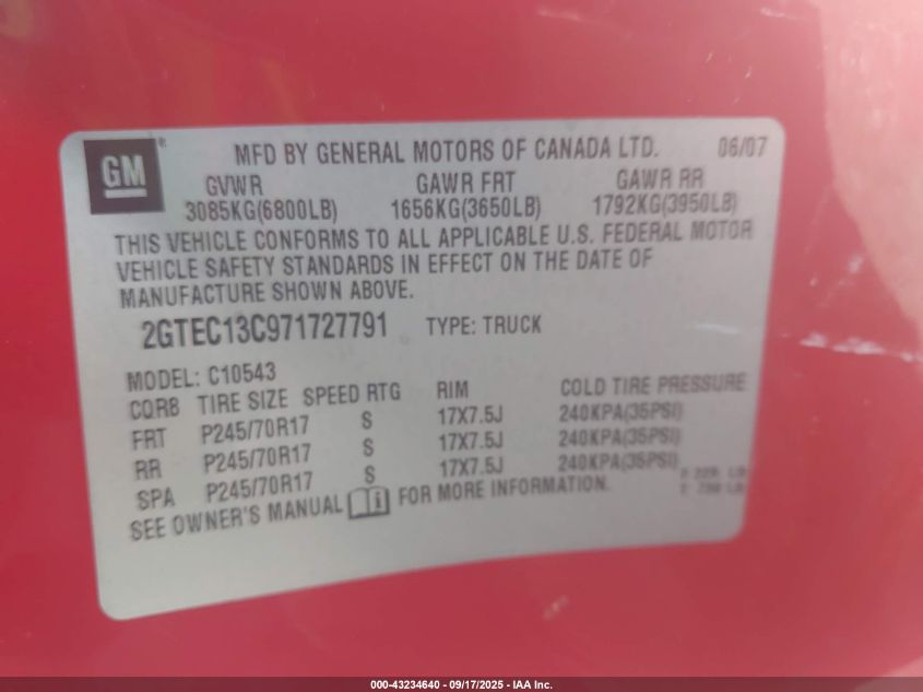 2007 GMC Sierra 1500 Work Truck VIN: 2GTEC13C971727791 Lot: 43234640