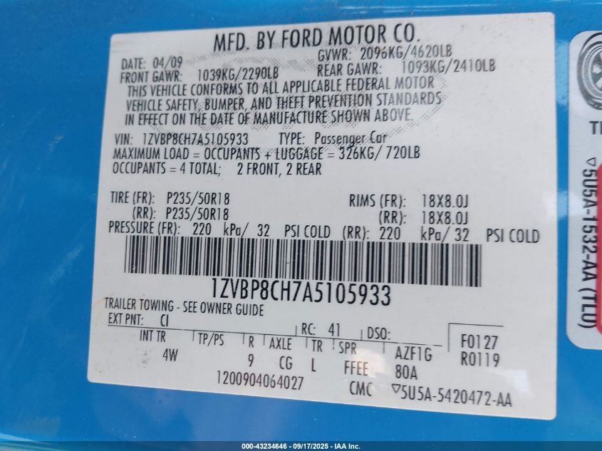 2010 Ford Mustang Gt/Gt Premium VIN: 1ZVBP8CH7A5105933 Lot: 43234646