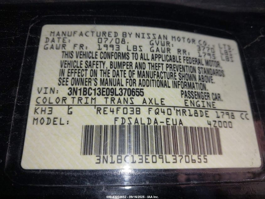 2009 Nissan Versa 1.8S VIN: 3N1BC13E09L370655 Lot: 43234652