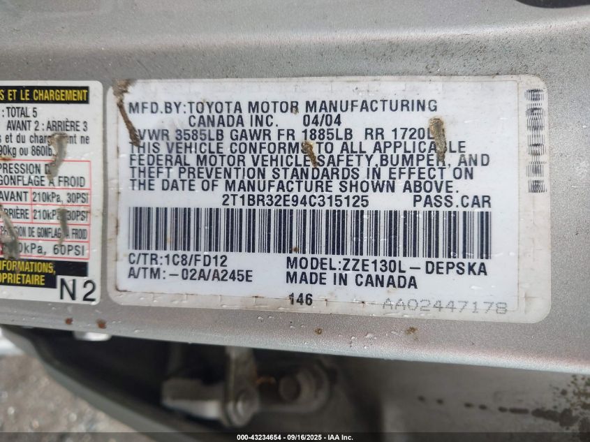 2004 Toyota Corolla S VIN: 2T1BR32E94C315125 Lot: 43234654