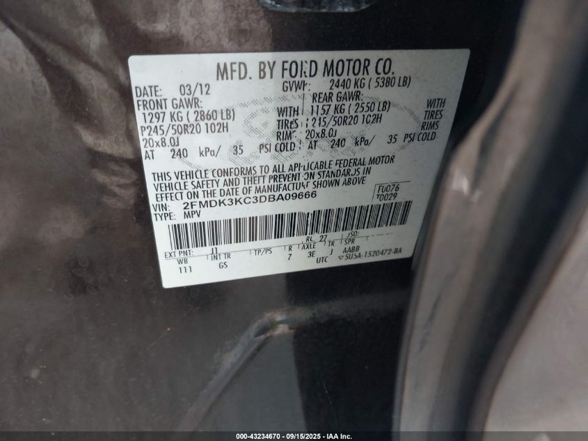 2013 Ford Edge Limited VIN: 2FMDK3KC3DBA09666 Lot: 43234670