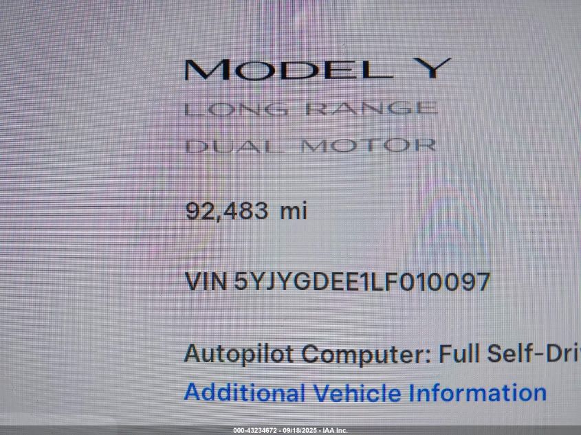 2020 Tesla Model Y Long Range Dual Motor All-Wheel Drive VIN: 5YJYGDEE1LF010097 Lot: 43234672
