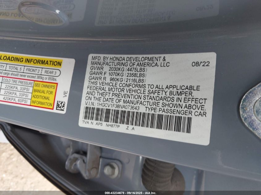 2022 Honda Accord Sport VIN: 1HGCV1F38NA073643 Lot: 43234678