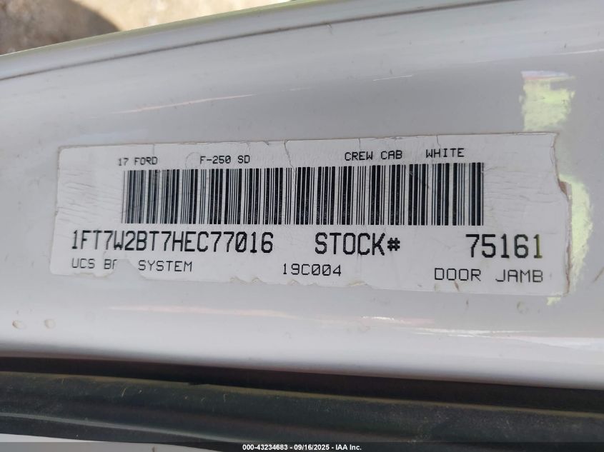 2017 Ford F-250 King Ranch VIN: 1FT7W2BT7HEC77016 Lot: 43234683