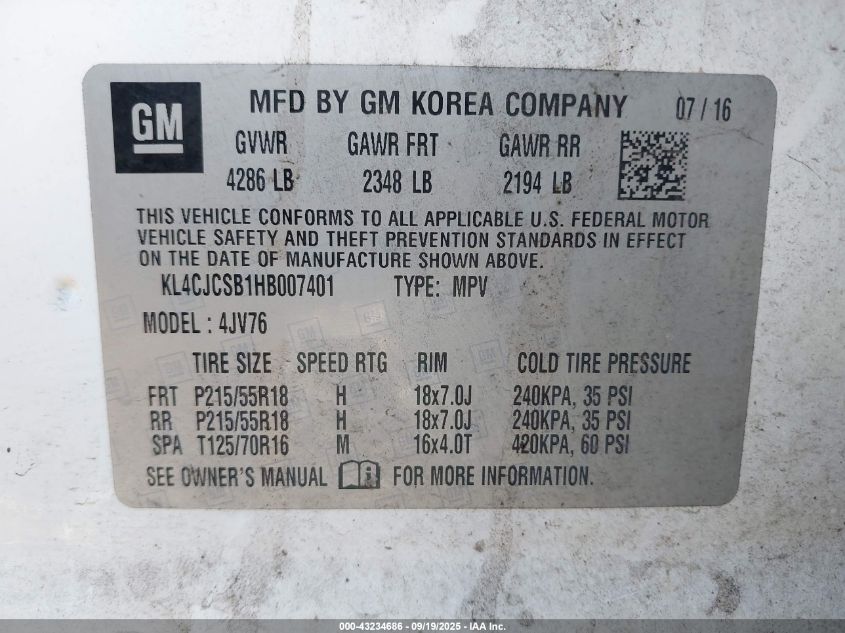 2017 Buick Encore Essence VIN: KL4CJCSB1HB007401 Lot: 43234686