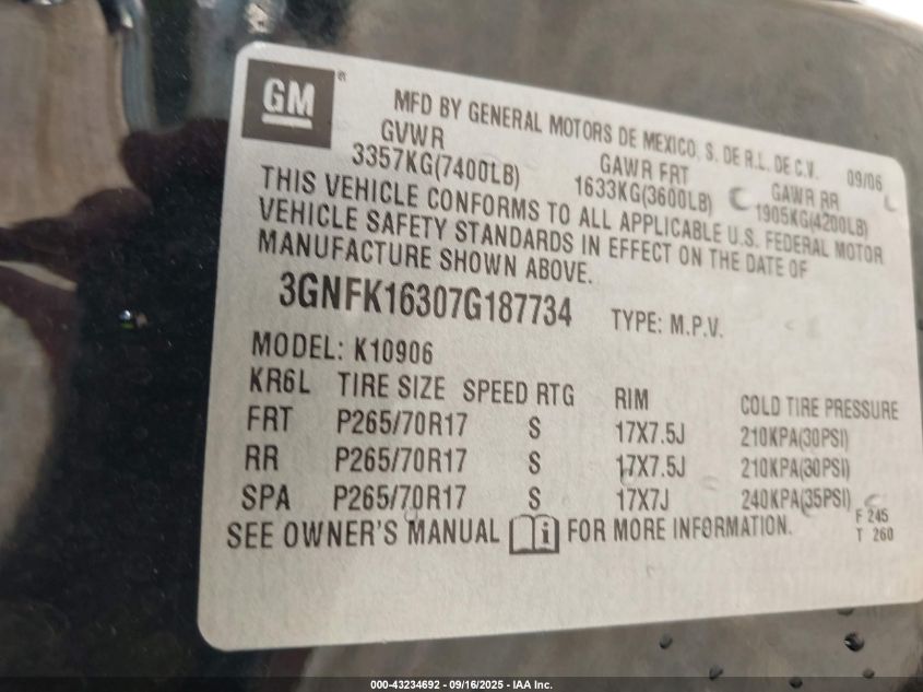 2007 Chevrolet Suburban 1500 Lt VIN: 3GNFK16307G187734 Lot: 43234692