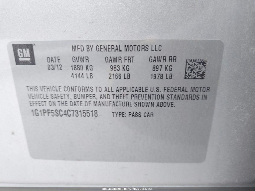 2012 Chevrolet Cruze 1Lt VIN: 1G1PF5SC4C7315518 Lot: 43234698