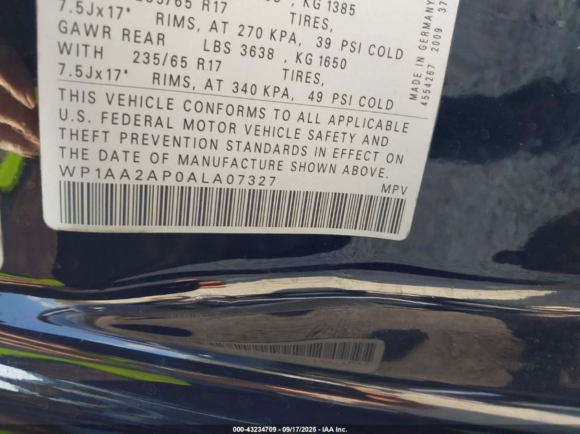 2010 Porsche Cayenne VIN: WP1AA2AP0ALA07327 Lot: 43234709