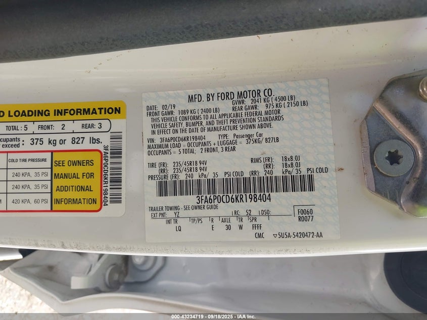 2019 Ford Fusion Sel VIN: 3FA6P0CD6KR198404 Lot: 43234719