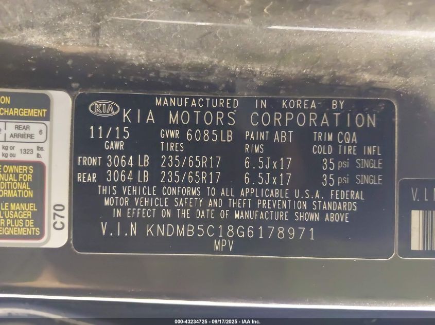 2016 Kia Sedona Lx VIN: KNDMB5C18G6178971 Lot: 43234725