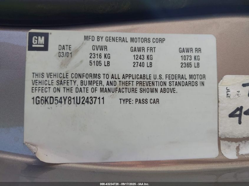 2001 Cadillac Deville Standard W/W20 VIN: 1G6KD54Y81U243711 Lot: 43234728