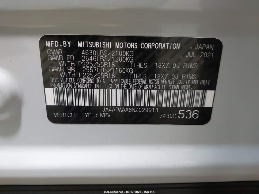 2022 Mitsubishi Eclipse Cross Se S-Awc/Se Special Edition S-Awc/Sel S-Awc/Sel Special Edition S-Awc VIN: JA4ATWAA8NZ029913 Lot: 43234735