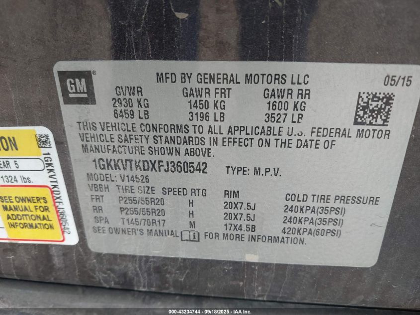 2015 GMC Acadia Denali VIN: 1GKKVTKDXFJ360542 Lot: 43234744