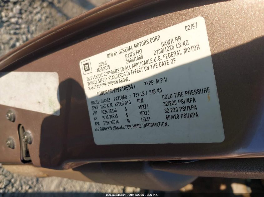 1997 Chevrolet Blazer Lt VIN: 1GNCS13W2V2185541 Lot: 43234751