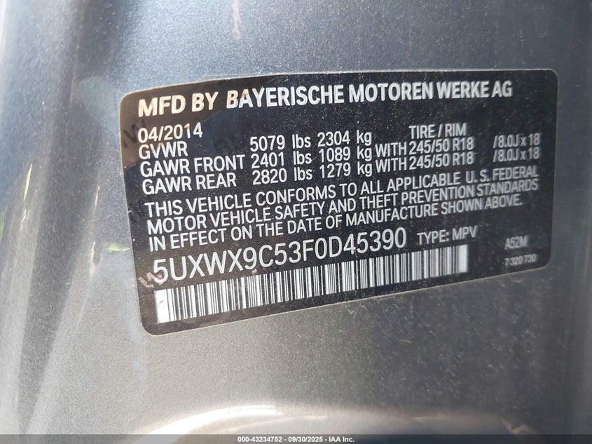 2015 BMW X3 XDRIVE28I - 5UXWX9C53F0D45390