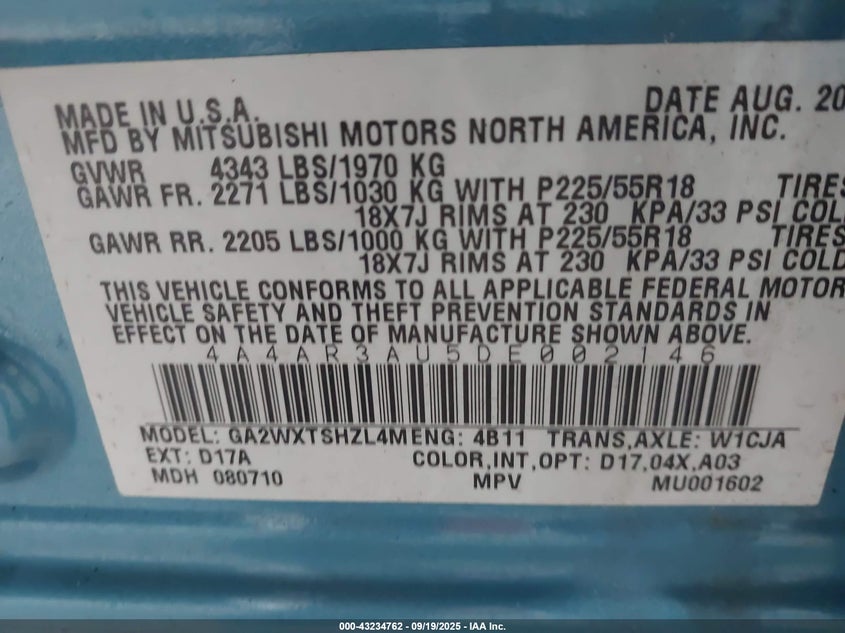 2013 MITSUBISHI OUTLANDER SPORT ES - 4A4AR3AU5DE002146